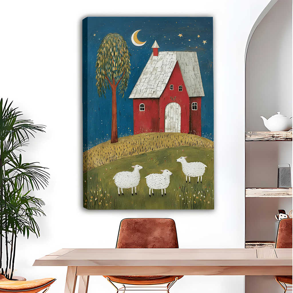 Black-framed folk art red house and sheep canvas wall art with a crescent moon above a dining table.