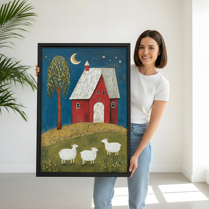 Framed folk art red house and sheep canvas wall art hanging beside wooden bunk beds in a child's bedroom.
