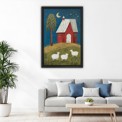 Folk art red house and sheep canvas wall art in a black frame above a gray living room sofa.