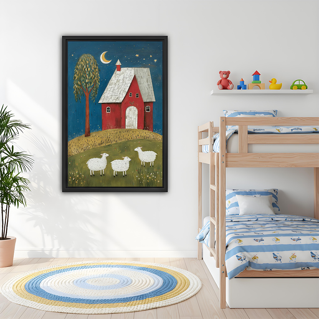 Woman holding black-framed folk art canvas wall art featuring a red house, three sheep, and a crescent moon.
