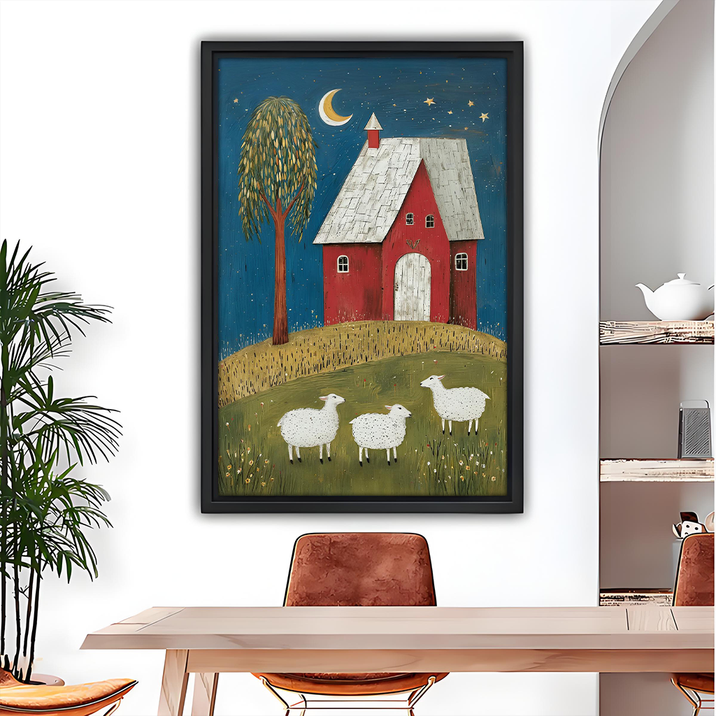 Folk art red house and three sheep canvas wall art displayed gallery-wrapped above a dining table.