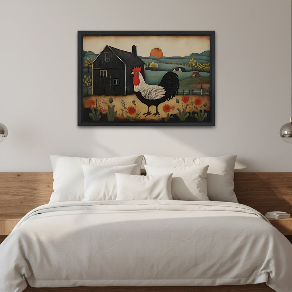 Framed folk art rooster canvas wall art above a white bed with a wooden headboard