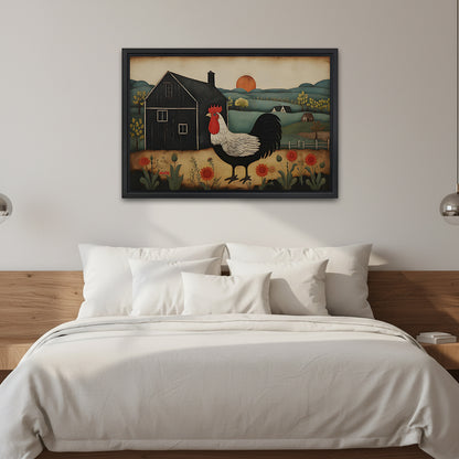 Framed folk art rooster canvas wall art above a white bed with a wooden headboard