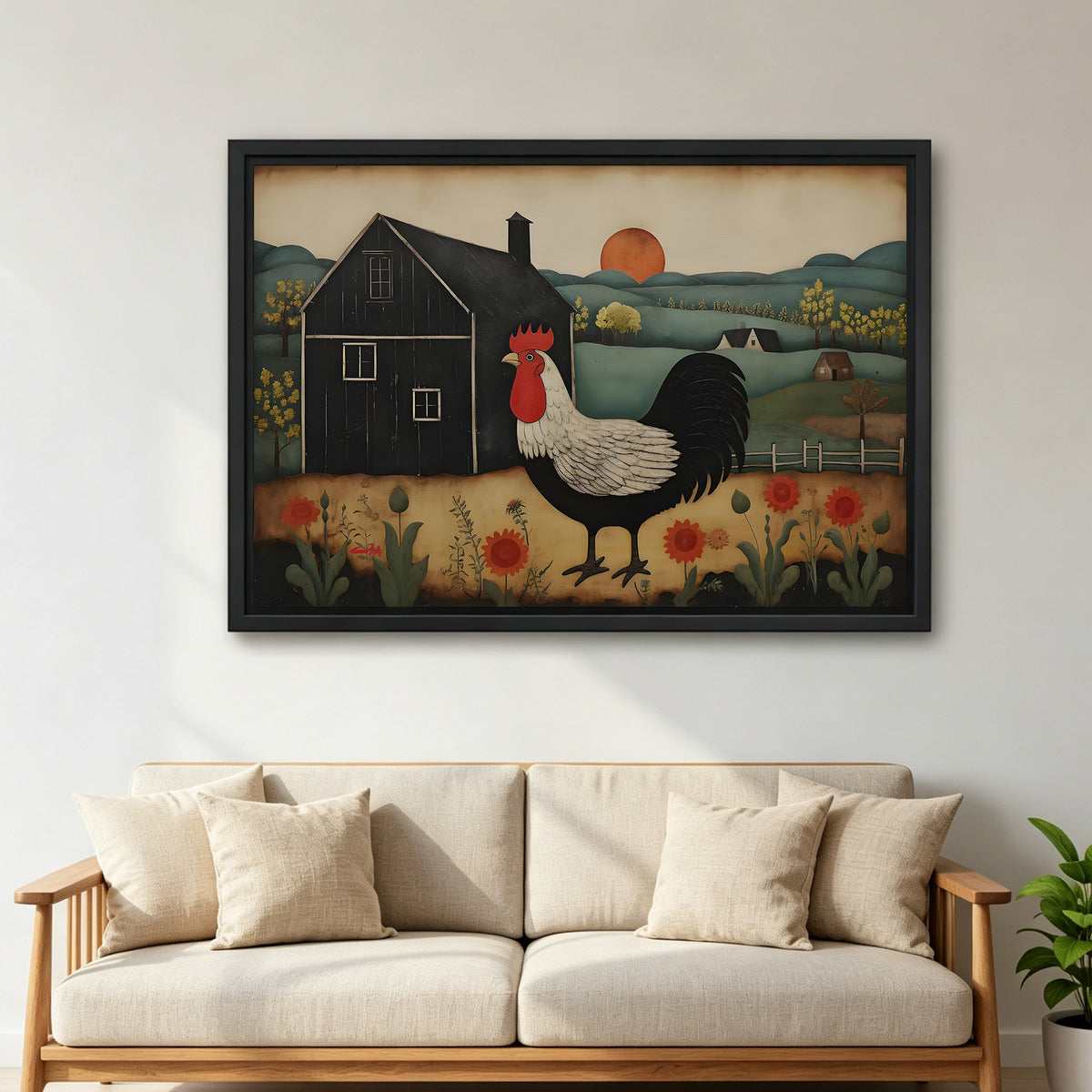 Large framed folk art rooster canvas wall art with rolling countryside hills above a cream living room sofa