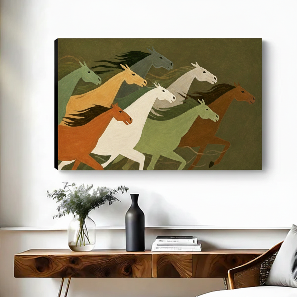 Folk art running horses gallery wrap canvas print displayed above walnut console table in modern living room