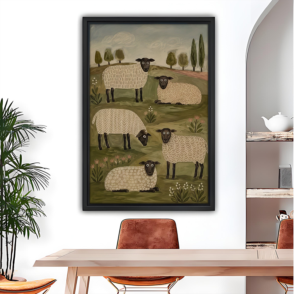 Rustic folk art sheep canvas wall art in a black frame above a dining table beside arched shelving.
