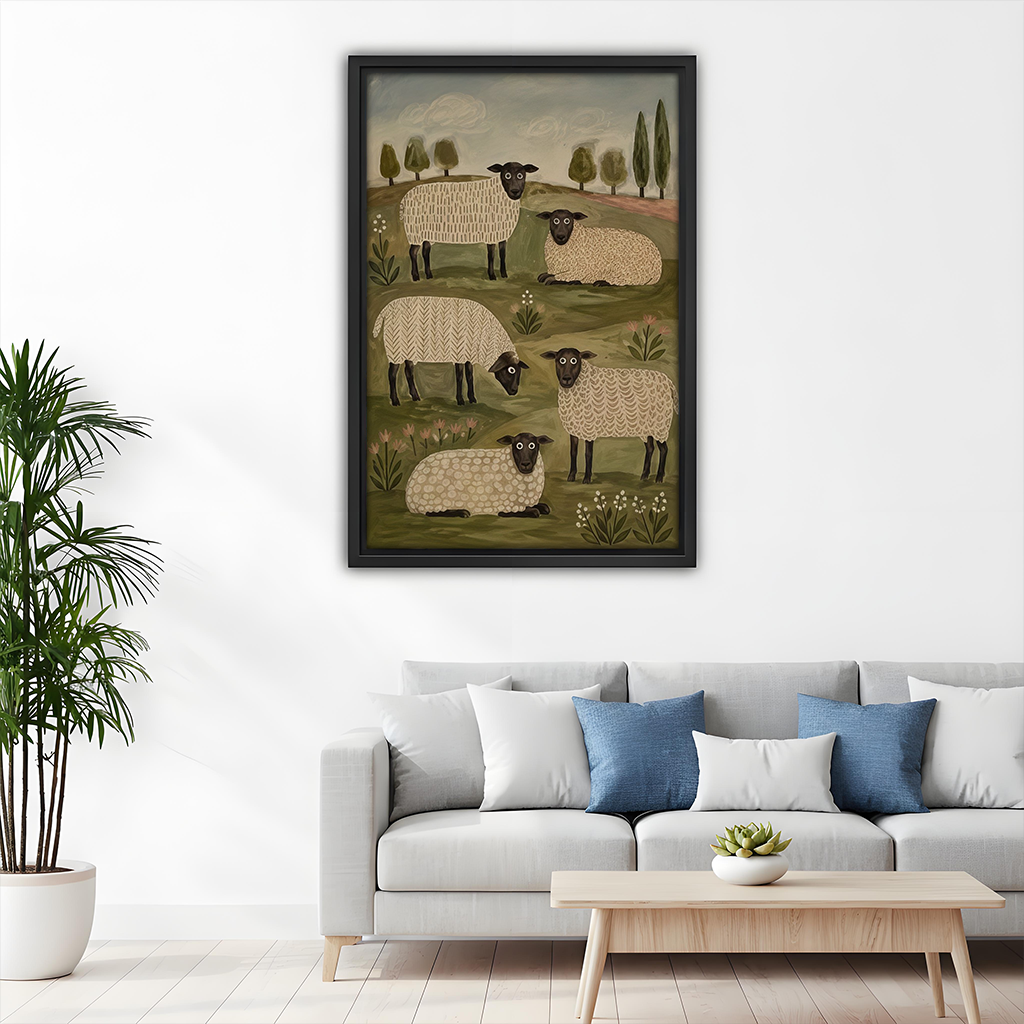 Rustic folk art sheep canvas wall art in a black frame beside wooden bunk beds and a toy shelf.