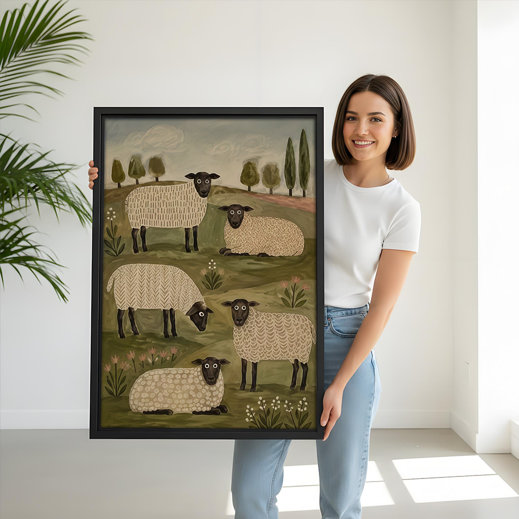 Unframed folk art sheep canvas wall art showing five black-faced sheep above a dining table and rust-colored chair.