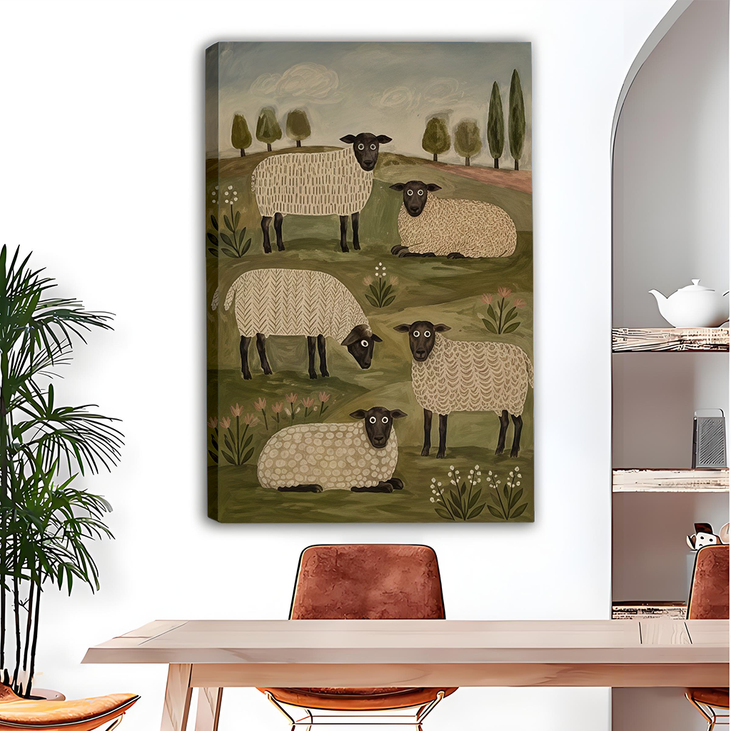 Woman holding black-framed folk art sheep canvas wall art featuring five patterned sheep among olive-green hills and flowers.