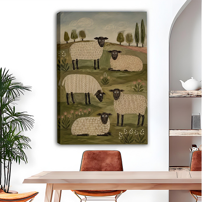 Woman holding black-framed folk art sheep canvas wall art featuring five patterned sheep among olive-green hills and flowers.