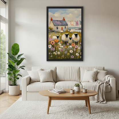  Folk art sheep and cottage garden framed canvas wall art hung above a cream sofa in a cozy modern living room