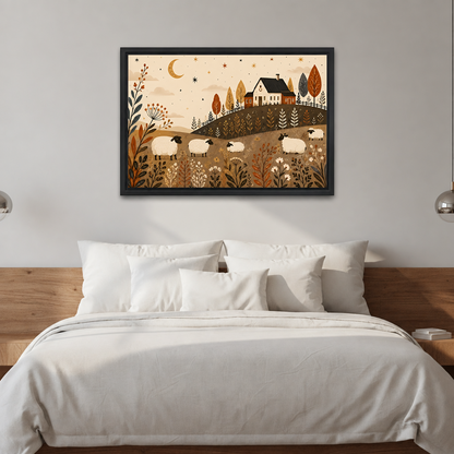 Folk art sheep farm canvas wall art in a dark frame above a white bed with linen pillows