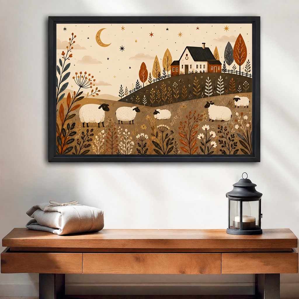 Framed folk art sheep farm canvas wall art above a wooden console table with a black lantern