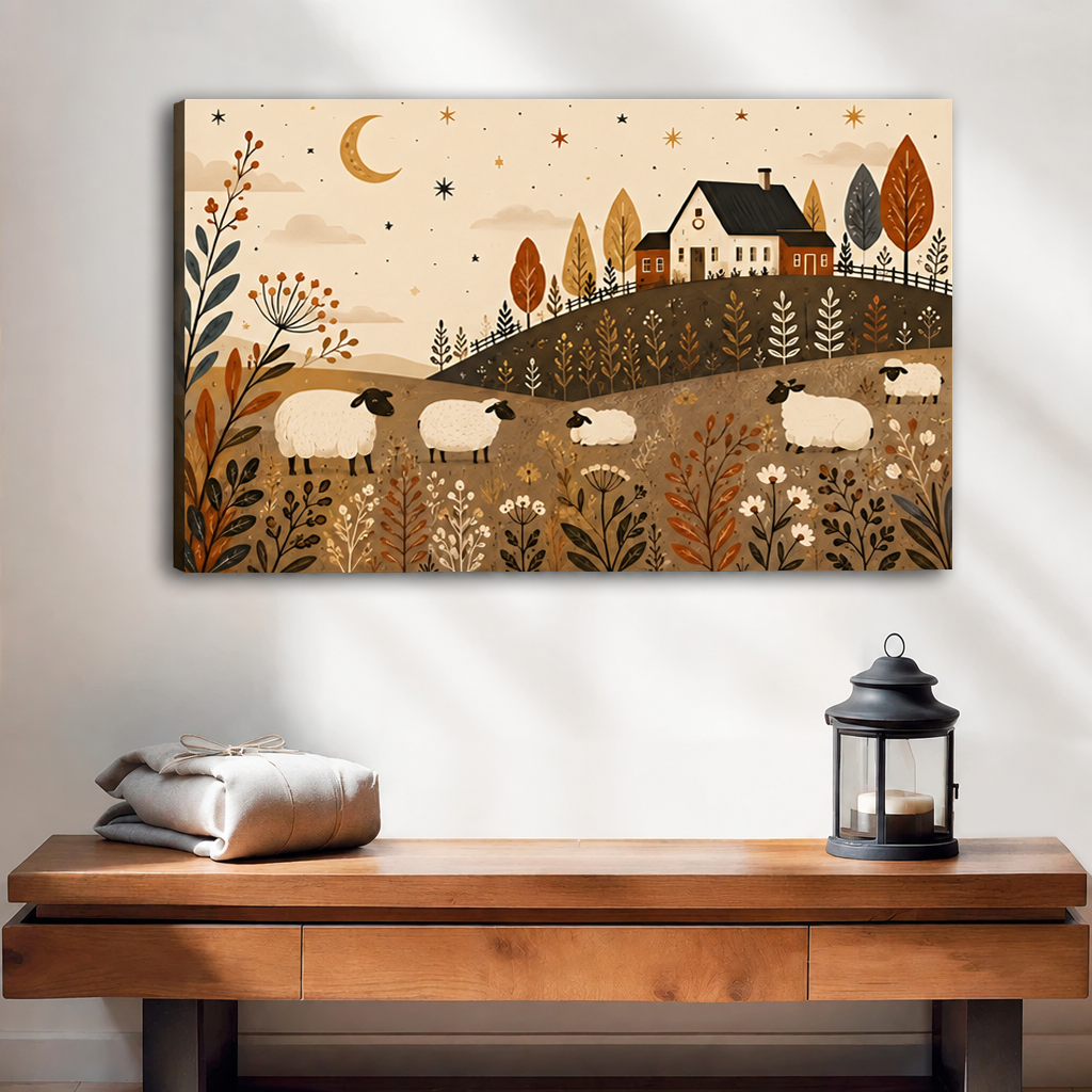 Unframed gallery-wrap folk art sheep farm canvas wall art with wrapped edges over an oak console