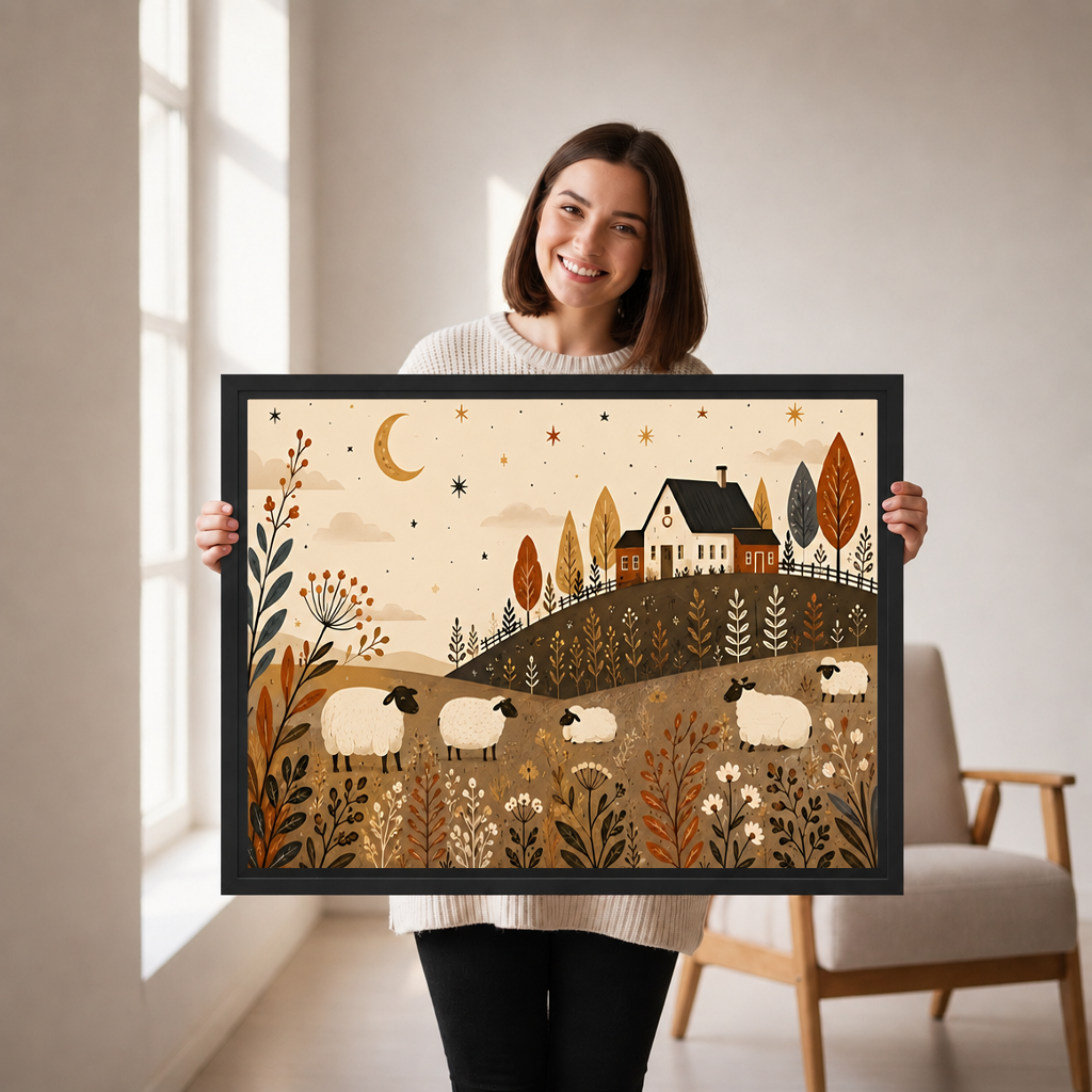 Smiling woman holding framed folk art sheep farm canvas wall art to show its real size