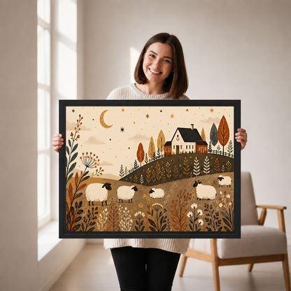 Smiling woman holding framed folk art sheep farm canvas wall art to show its real size