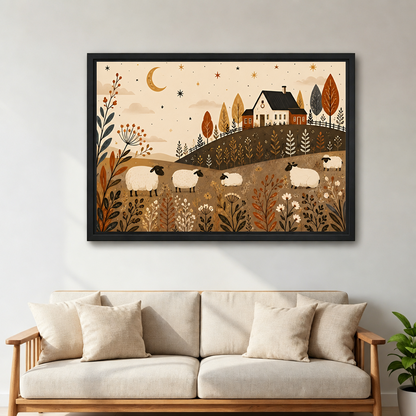 Black framed folk art sheep farm canvas wall art above a beige sofa with wooden arms