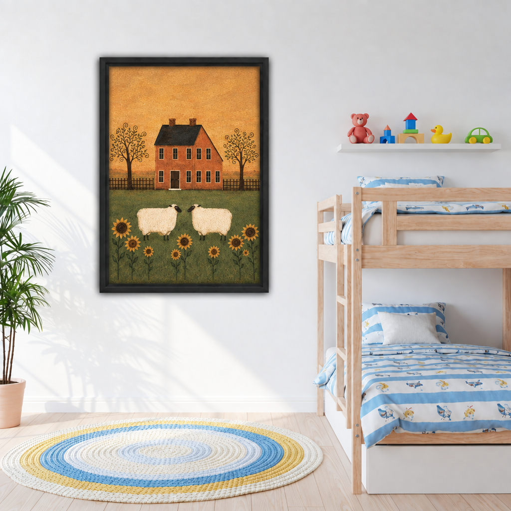 Folk art sheep farmhouse canvas wall art above a bedroom bed, featuring warm ochre tones, sheep, trees, and sunflowers.
