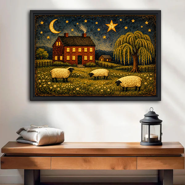 Black framed folk art sheep farmhouse wall art hung over an entryway bench with candle lantern