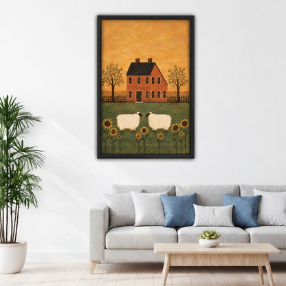 Close-up of folk art sheep farmhouse canvas wall art showing a rustic house, white sheep, decorative trees, and sunflower details.