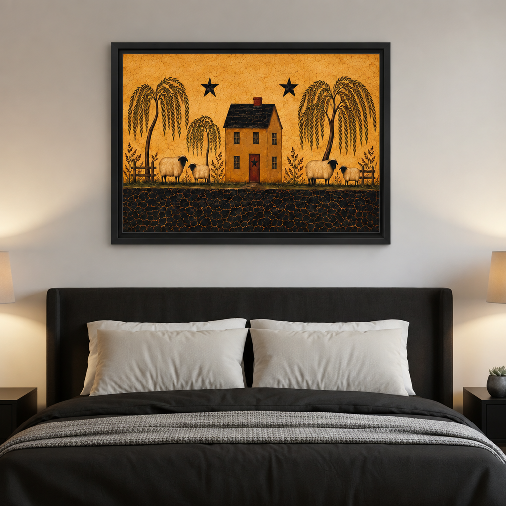 Black-framed folk art sheep farmhouse canvas wall art hanging above a dark headboard with white pillows.