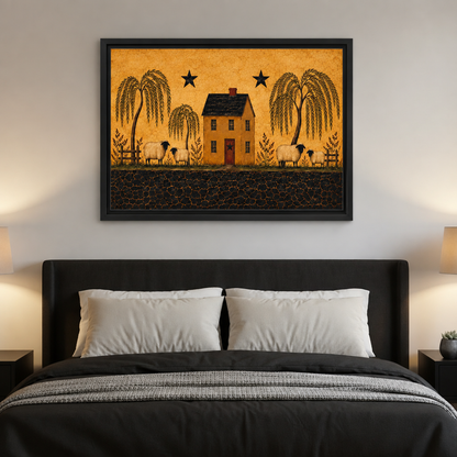 Black-framed folk art sheep farmhouse canvas wall art hanging above a dark headboard with white pillows.