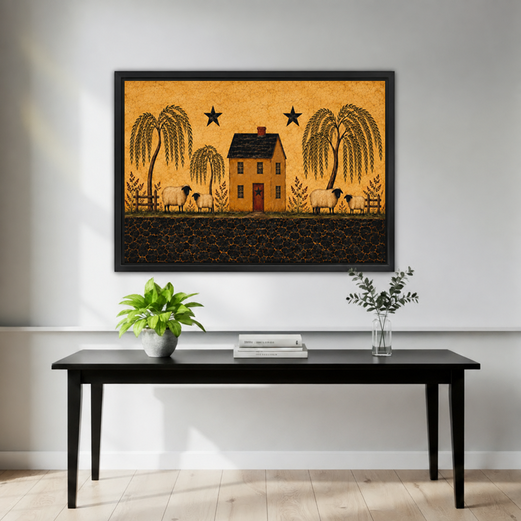 Folk art sheep farmhouse canvas wall art in a black frame above a black console with plants.