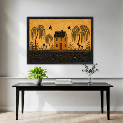 Folk art sheep farmhouse canvas wall art in a black frame above a black console with plants.