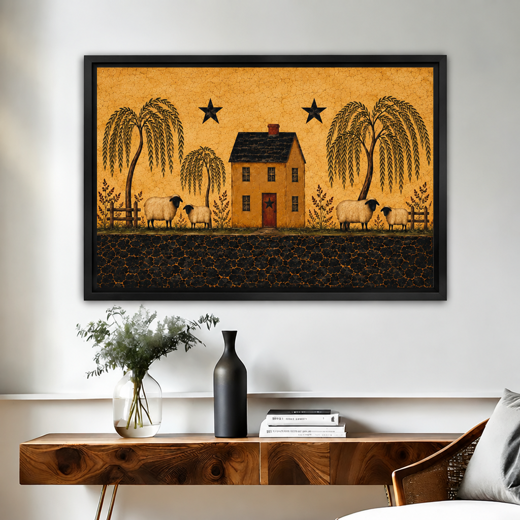  Black-framed folk art sheep farmhouse canvas wall art above a wooden console with vases and stacked books.