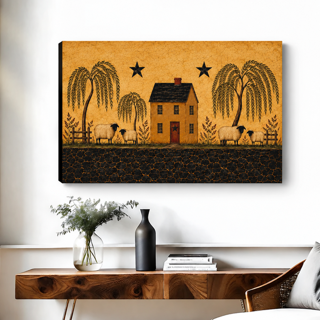 Unframed folk art sheep farmhouse canvas wall art with visible wrapped edges above a wooden console.