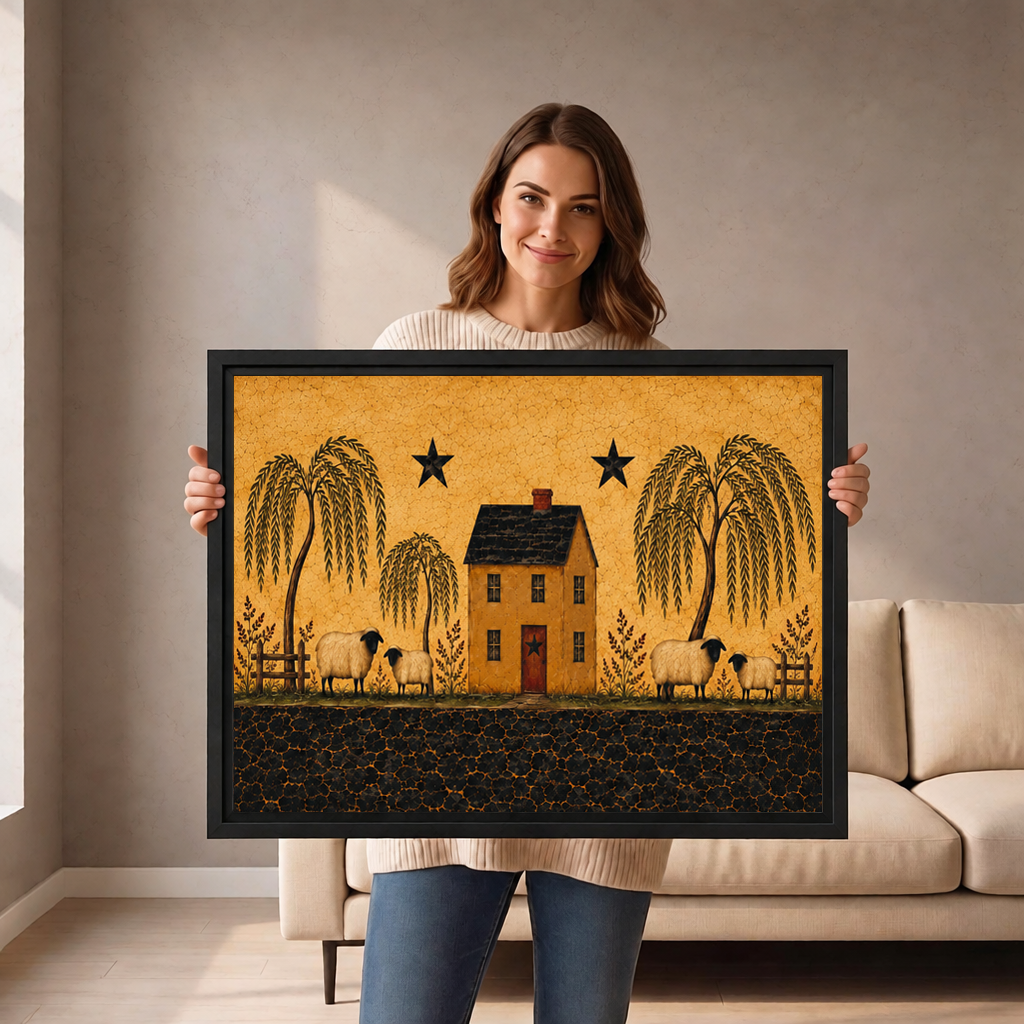 Woman holding black-framed folk art sheep farmhouse canvas wall art featuring willow trees and black stars.