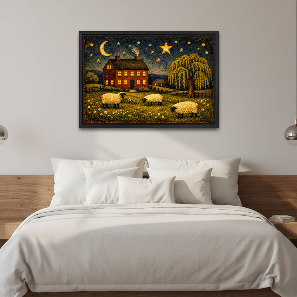 Folk art sheep farmhouse canvas wall art framed above a white bed with wooden headboard