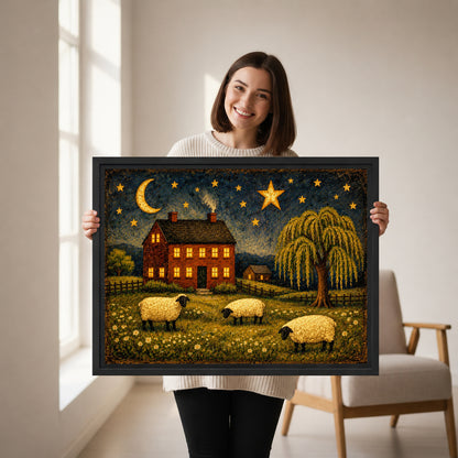 Woman holding framed sheep farmhouse canvas wall art showing starry night sky and grazing sheep