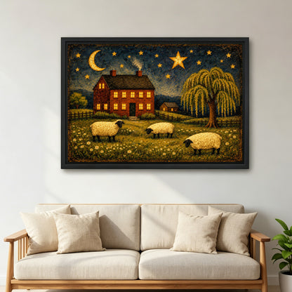 Large framed sheep farmhouse canvas wall art above a beige sofa in a bright living room