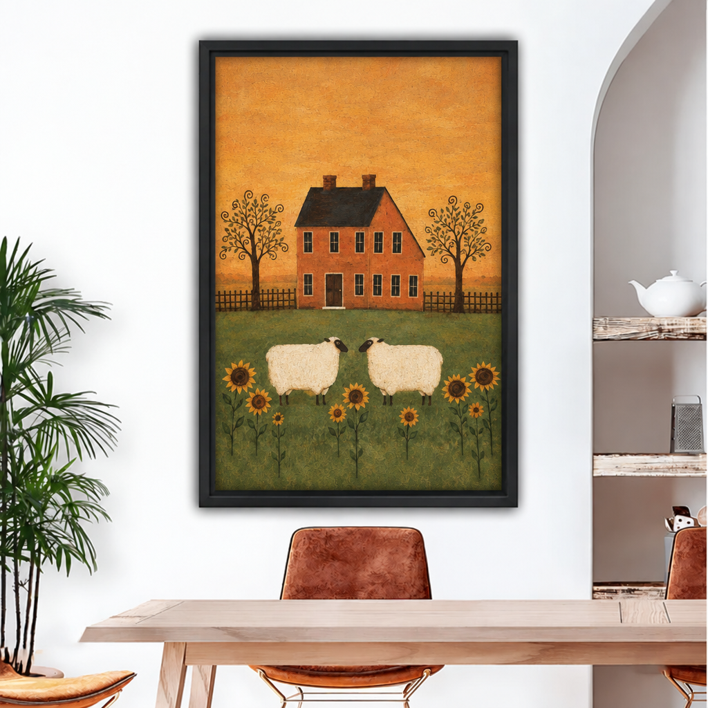 Folk art canvas wall art showing an orange farmhouse, two sheep, sunflowers, trees, and a rustic fence.