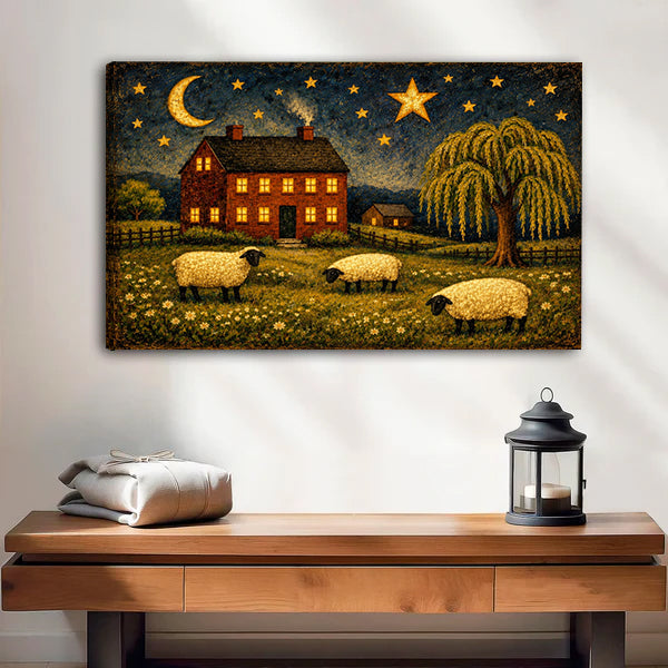 Gallery-wrap sheep farmhouse canvas wall art with frameless edges above a wooden bench and lantern