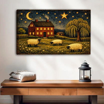 Gallery-wrap sheep farmhouse canvas wall art with frameless edges above a wooden bench and lantern
