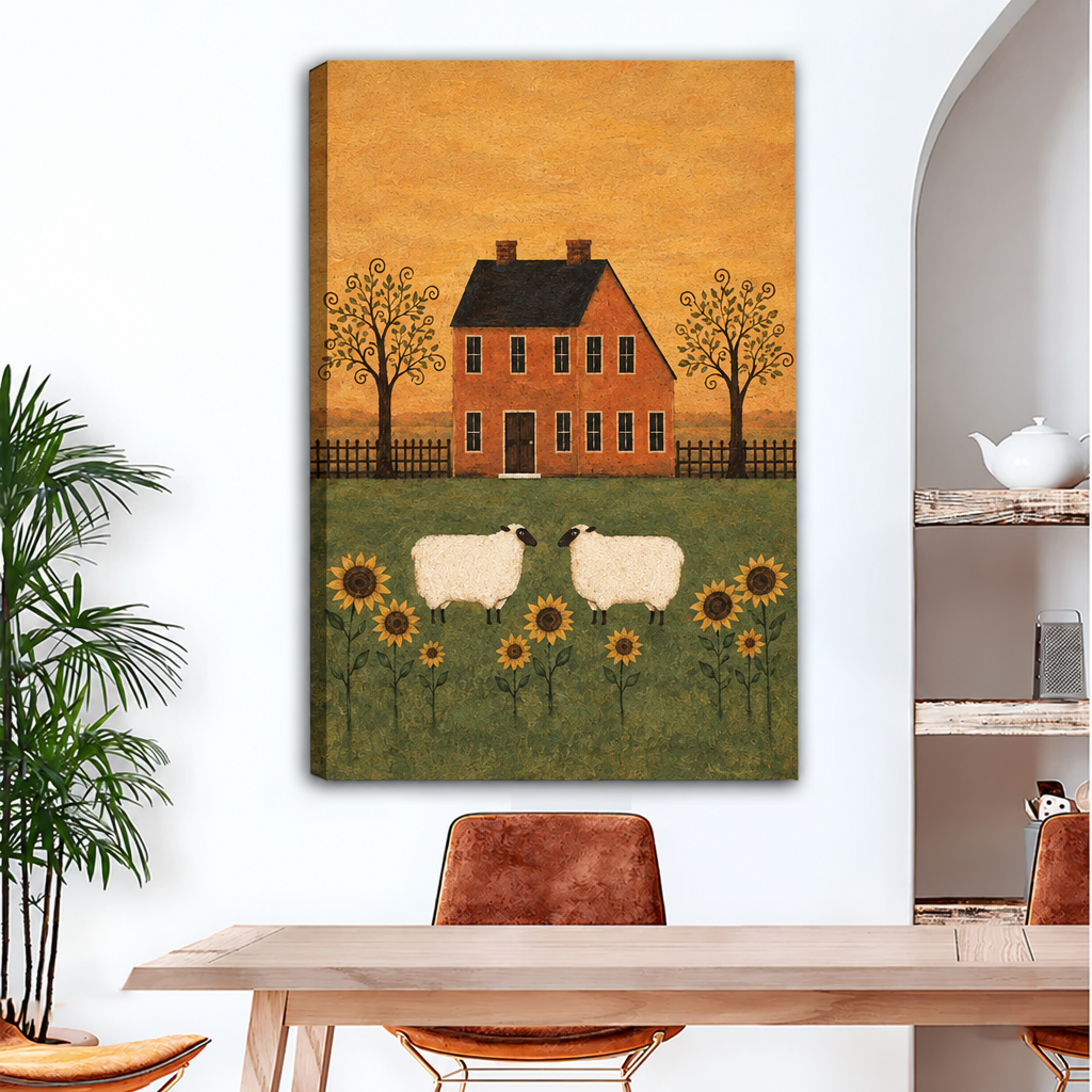 Gallery-wrap folk art sheep farmhouse canvas wall art featuring an orange farmhouse, two sheep, decorative trees, and sunflowers.