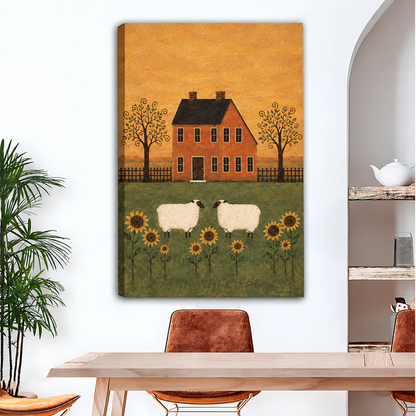 Gallery-wrap folk art sheep farmhouse canvas wall art featuring an orange farmhouse, two sheep, decorative trees, and sunflowers.