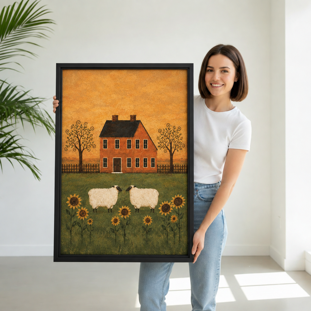 Person holding folk art sheep farmhouse canvas wall art with an orange farmhouse, two sheep, and a sunflower meadow.