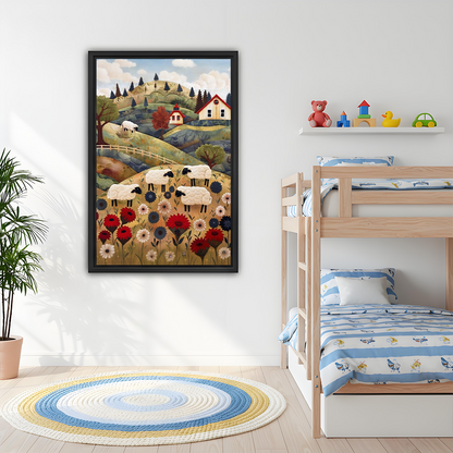 Black-framed folk art sheep meadow canvas wall art displays sheep and red flowers above a dining table.