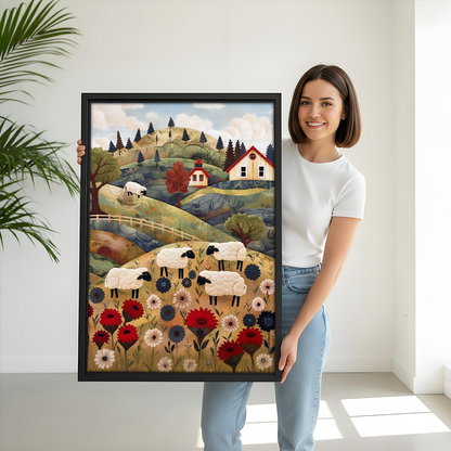 Gallery-wrap folk art sheep meadow canvas wall art hangs above a dining table beside an arched alcove.