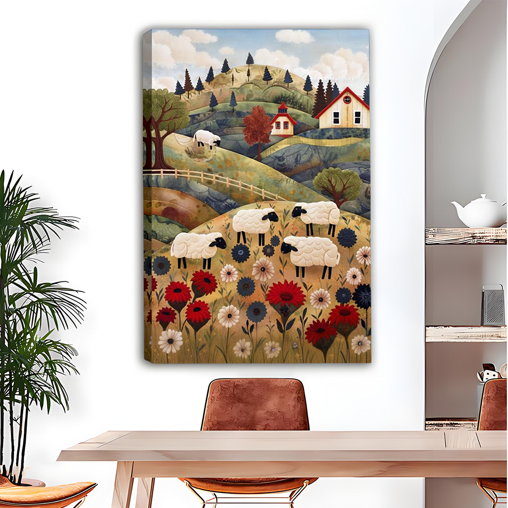 Woman holds framed folk art sheep meadow canvas wall art showing black-faced sheep, wildflowers, hills and cottages.