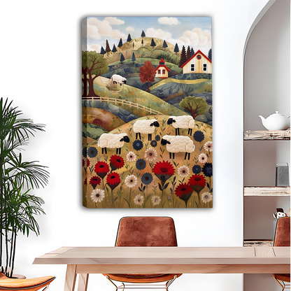 Woman holds framed folk art sheep meadow canvas wall art showing black-faced sheep, wildflowers, hills and cottages.