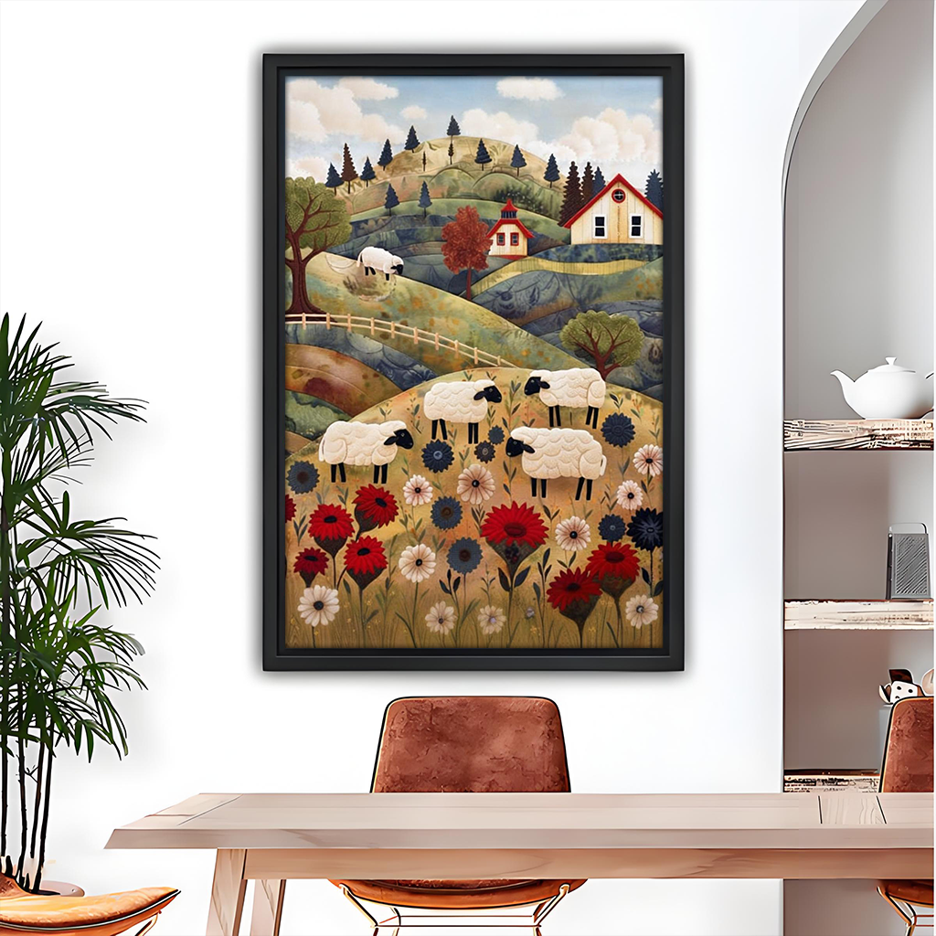 Framed folk art sheep meadow canvas wall art with flowers and cottages hangs beside a wooden bunk bed.