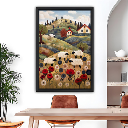 Framed folk art sheep meadow canvas wall art with flowers and cottages hangs beside a wooden bunk bed.