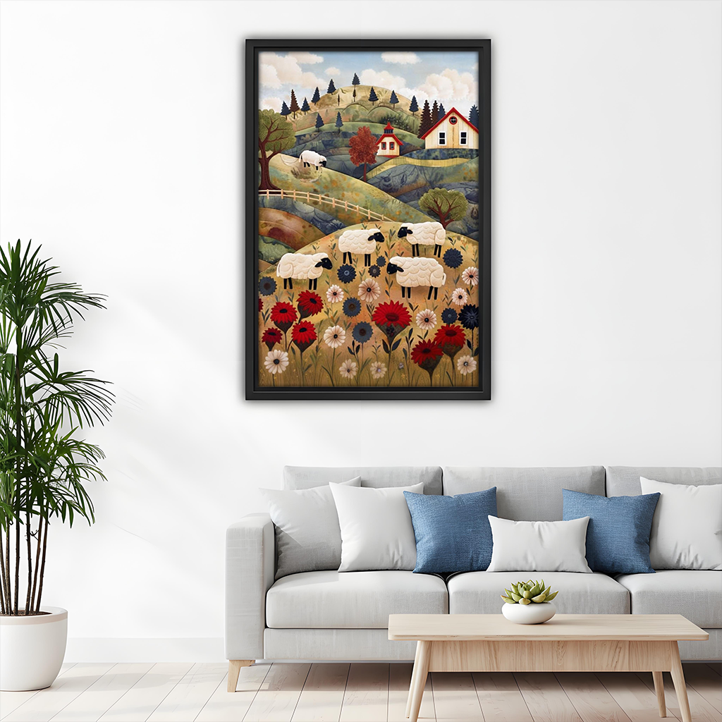 Framed folk art sheep meadow canvas wall art hangs above a light sofa with blue cushions.