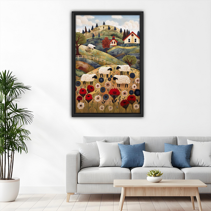 Framed folk art sheep meadow canvas wall art hangs above a light sofa with blue cushions.