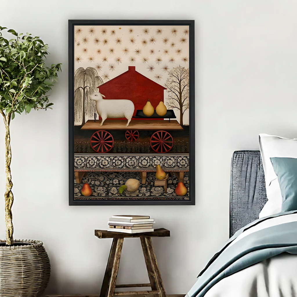 Woman holding black-framed folk art sheep and pears canvas wall art with a red house while seated on a sofa.