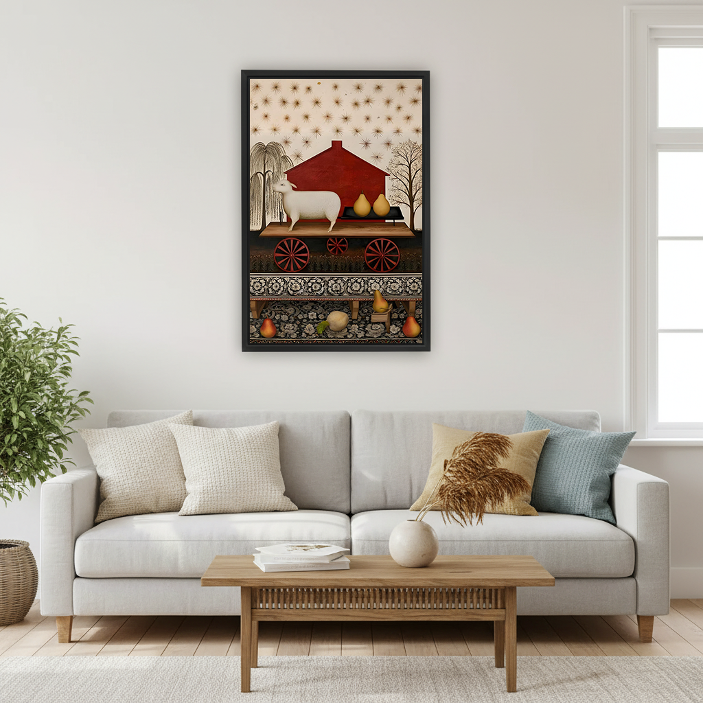 Gallery-wrap folk art sheep and pears canvas wall art featuring a red house and wagon beside a bed.
